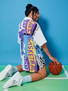 SHEIN EZwear Plus Drop Shoulder Basketball Print Blouse - Multicolor - View 2