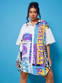 SHEIN EZwear Plus Drop Shoulder Basketball Print Blouse - Multicolor - View 3