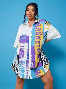 SHEIN EZwear Plus Drop Shoulder Basketball Print Blouse - Multicolor - View 4