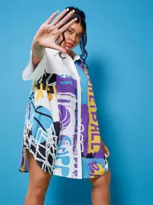 SHEIN EZwear Plus Drop Shoulder Basketball Print Blouse - Multicolor - View 5