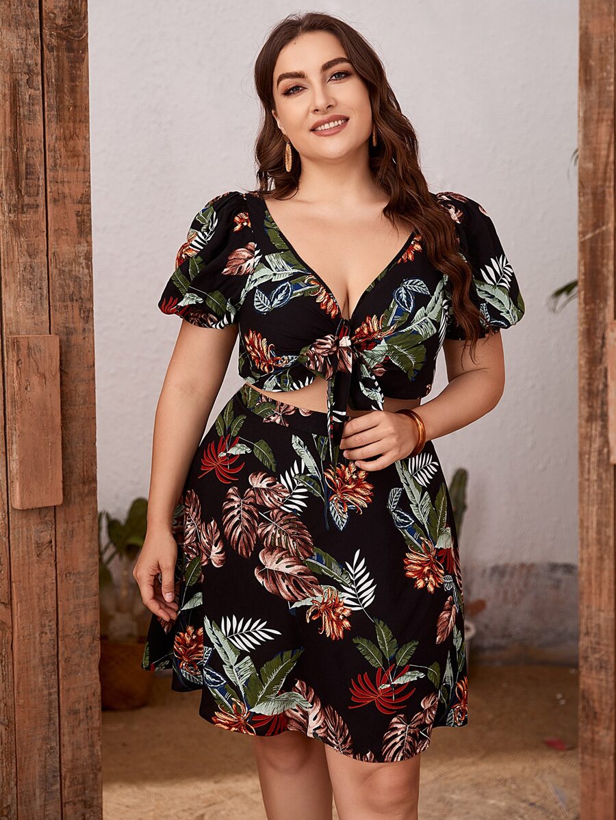 SHEIN 大碼泡泡袖繫帶熱帶上衣和半身裙套裝 - 彩色 - 查看 1