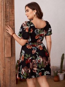 SHEIN 大碼泡泡袖繫帶熱帶上衣和半身裙套裝 - 彩色 - 查看 2