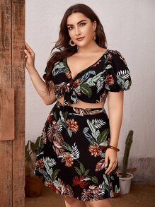 SHEIN 大碼泡泡袖繫帶熱帶上衣和半身裙套裝 - 彩色 - 查看 4