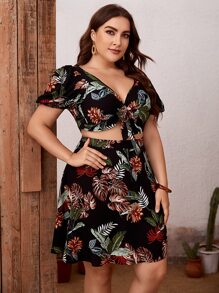 SHEIN 大碼泡泡袖繫帶熱帶上衣和半身裙套裝 - 彩色 - 查看 5