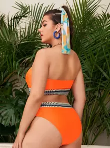 SHEIN Swim Curve 大码对比胶带胸罩比基尼套装，夏季海滩泳衣 - 橘色 - 查看 2
