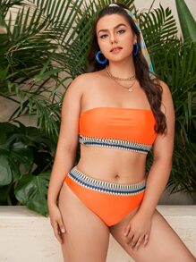 SHEIN Swim Curve 大码对比胶带胸罩比基尼套装，夏季海滩泳衣 - 橘色 - 查看 3