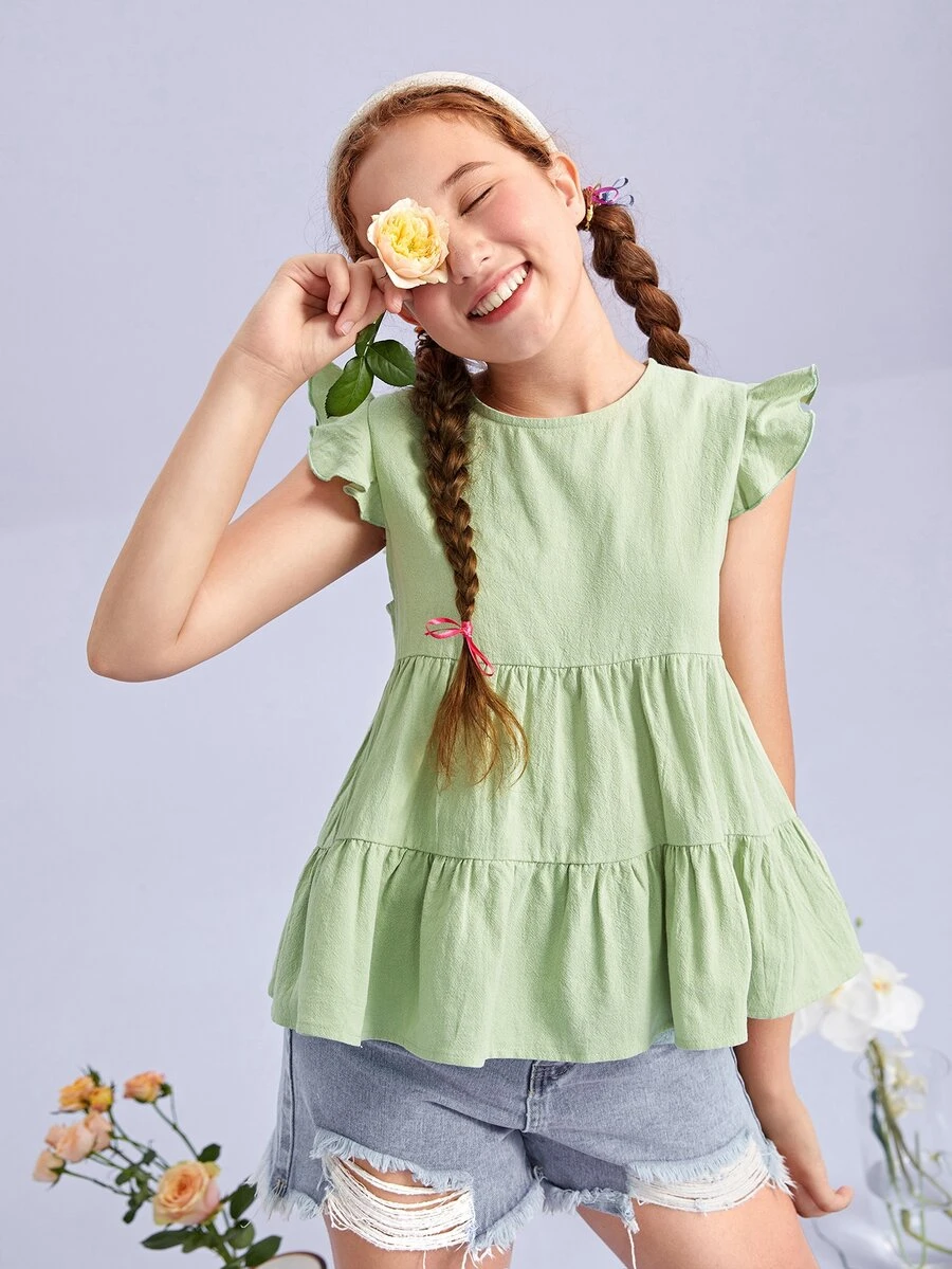 SHEIN 青少年女孩荷葉邊素色上衣 - 薄荷綠 - 查看 1