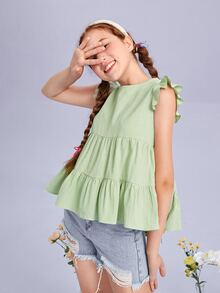 SHEIN 青少年女孩荷葉邊素色上衣 - 薄荷綠 - 查看 3