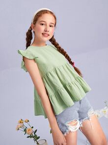 SHEIN 青少年女孩荷葉邊素色上衣 - 薄荷綠 - 查看 4