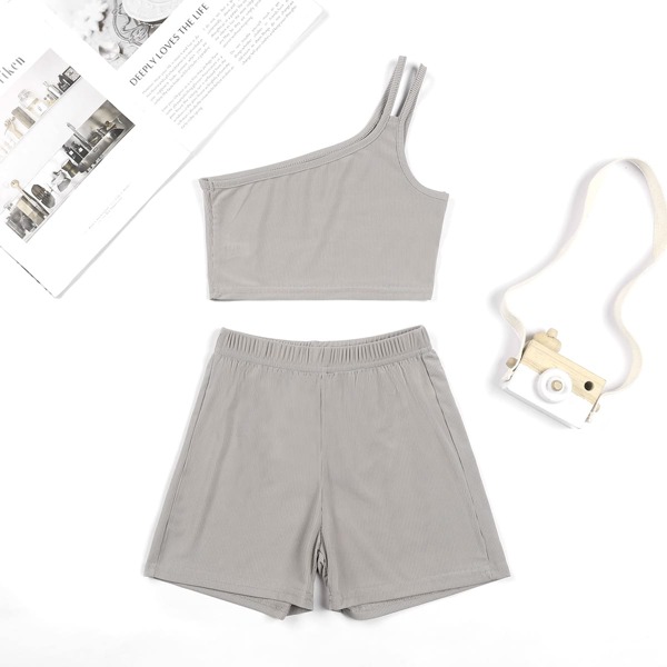 

Girls One Shoulder Top With Biker Shorts, Grey
