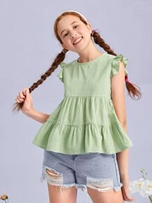 SHEIN 青少年女孩荷葉邊素色上衣 - 薄荷綠 - 查看 5