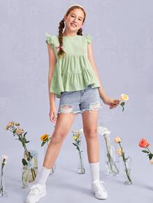 SHEIN 青少年女孩荷葉邊素色上衣 - 薄荷綠 - 查看 6