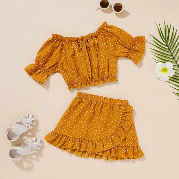 

Toddler Girls Polka Dot Flounce Sleeve Blouse & Skirt, Mustard yellow
