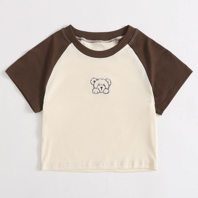 

Cartoon Bear Embroidery Colorblock Tee, Multicolor