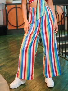 SHEIN Rainbow Striped Wide Leg Trousers - Multicolor - View 1