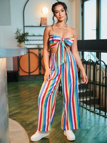SHEIN Rainbow Striped Wide Leg Trousers - Multicolor - View 3