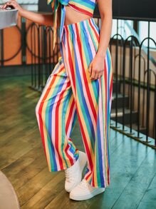 SHEIN Rainbow Striped Wide Leg Trousers - Multicolor - View 5