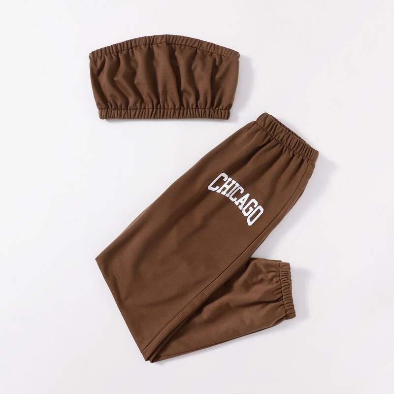 

Solid Crop Tube Top & Letter Sweatpants, Coffee brown