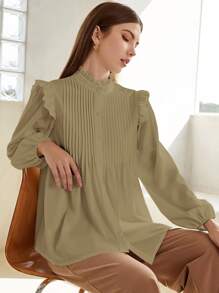 SHEIN 褶邊領百褶紐扣襯衫 - 卡其色 - 查看 1