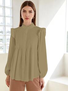 SHEIN 褶邊領百褶紐扣襯衫 - 卡其色 - 查看 3