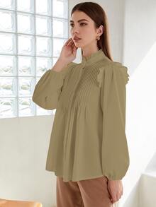 SHEIN 褶邊領百褶紐扣襯衫 - 卡其色 - 查看 5