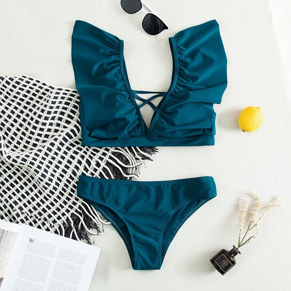 

Ruffle Trim Criss Cross Bikini Swimsuit, Teal blue