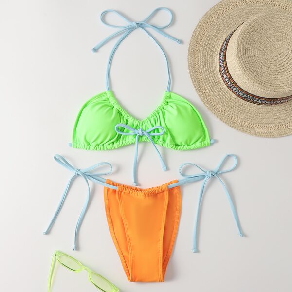

Color Block Halter Thong Bikini Swimsuit, Multicolor