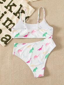 Dinosaur Random Print High Waisted Bikini Set, For Summer Beach Vacation - White - View 2