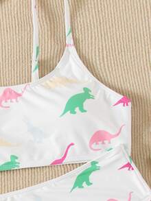 Dinosaur Random Print High Waisted Bikini Set, For Summer Beach Vacation - White - View 3