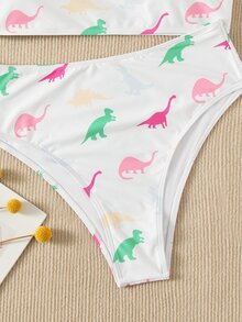 Dinosaur Random Print High Waisted Bikini Set, For Summer Beach Vacation - White - View 4
