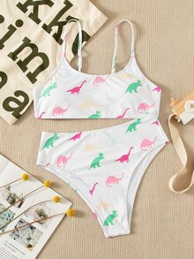 Dinosaur Random Print High Waisted Bikini Set, For Summer Beach Vacation - White - View 5