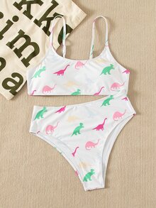Dinosaur Random Print High Waisted Bikini Set, For Summer Beach Vacation - White - View 6