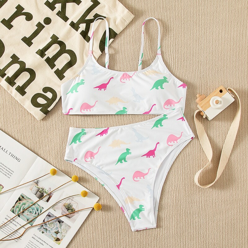 

Dinosaur Random Print High Waisted Bikini Swimsuit, White