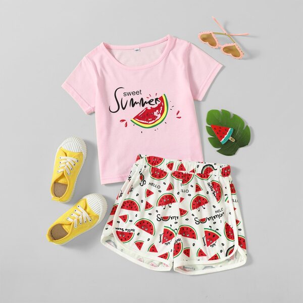 

Toddler Girls Watermelon & Letter Graphic Tee With Shorts, Multicolor