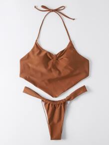 Hanky Hem Halter Thong Bikini Summer Beach - Brown - View 3