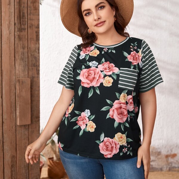 

Plus Patch Pocket Striped & Floral Top, Multicolor