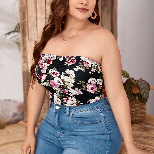 

Plus Floral Print Tube Top, Multicolor