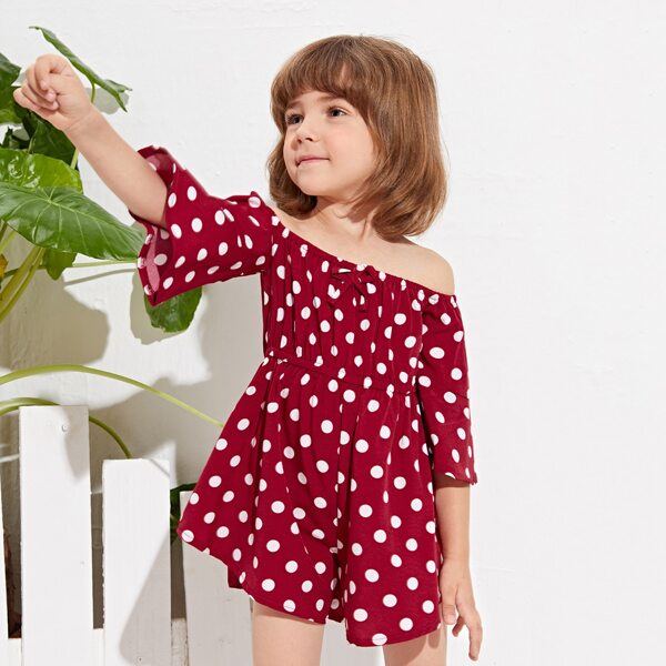 

Toddler Girls Polka Dot Bardot Bow Front Romper, Burgundy
