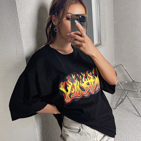 

Drop Shoulder Letter & Fire Graphic Longline Tee, Black