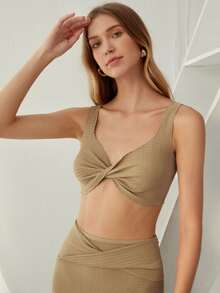 Áo hai dây xoắn lại màu trơn Giải trí - Màu Khaki - Xem 3