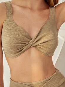 Áo hai dây xoắn lại màu trơn Giải trí - Màu Khaki - Xem 4