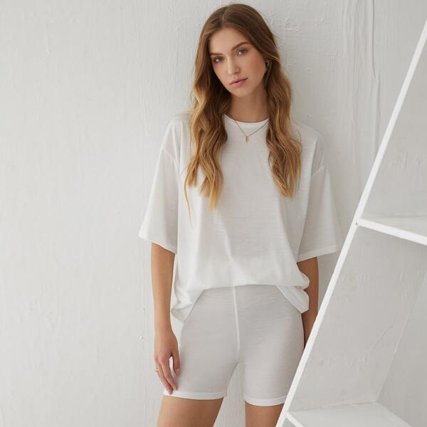 

Drop Shoulder Longline Tee & Shorts Set, White