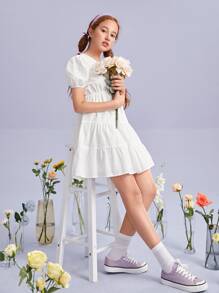SHEIN Vestido De Manga Puff Y Dobladillo De Volantes Para Adolescentes - Blanco - Ver 1