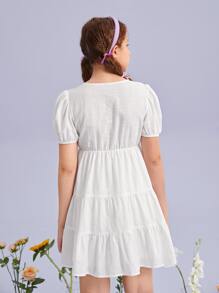 SHEIN Vestido De Manga Puff Y Dobladillo De Volantes Para Adolescentes - Blanco - Ver 2