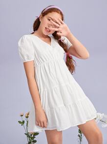 SHEIN Vestido De Manga Puff Y Dobladillo De Volantes Para Adolescentes - Blanco - Ver 3