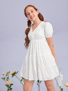 SHEIN Vestido De Manga Puff Y Dobladillo De Volantes Para Adolescentes - Blanco - Ver 4