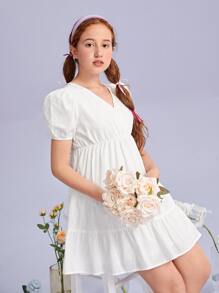SHEIN Vestido De Manga Puff Y Dobladillo De Volantes Para Adolescentes - Blanco - Ver 5