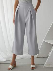 Fold Pleat Wide Leg Cropped Trousers - Light Grey - View 1