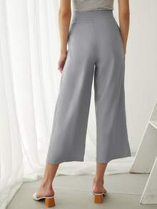 Fold Pleat Wide Leg Cropped Trousers - Light Grey - View 2