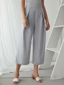 Fold Pleat Wide Leg Cropped Trousers - Light Grey - View 3